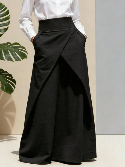 New| Hot-Selling Women's High-Waist Asymmetric Wrap Flowy A-Line Long Skirt, Suitable For Office, Casual, Party, Black