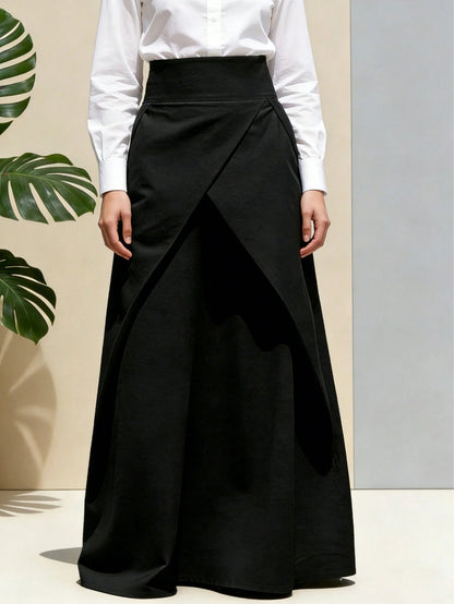 New| Hot-Selling Women's High-Waist Asymmetric Wrap Flowy A-Line Long Skirt, Suitable For Office, Casual, Party, Black