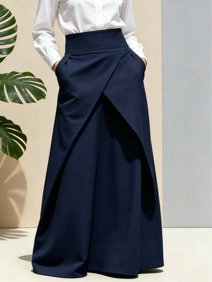 New| Hot-Selling Women's High-Waist Asymmetric Wrap Flowy A-Line Long Skirt, Suitable For Office, Casual, Party, Black