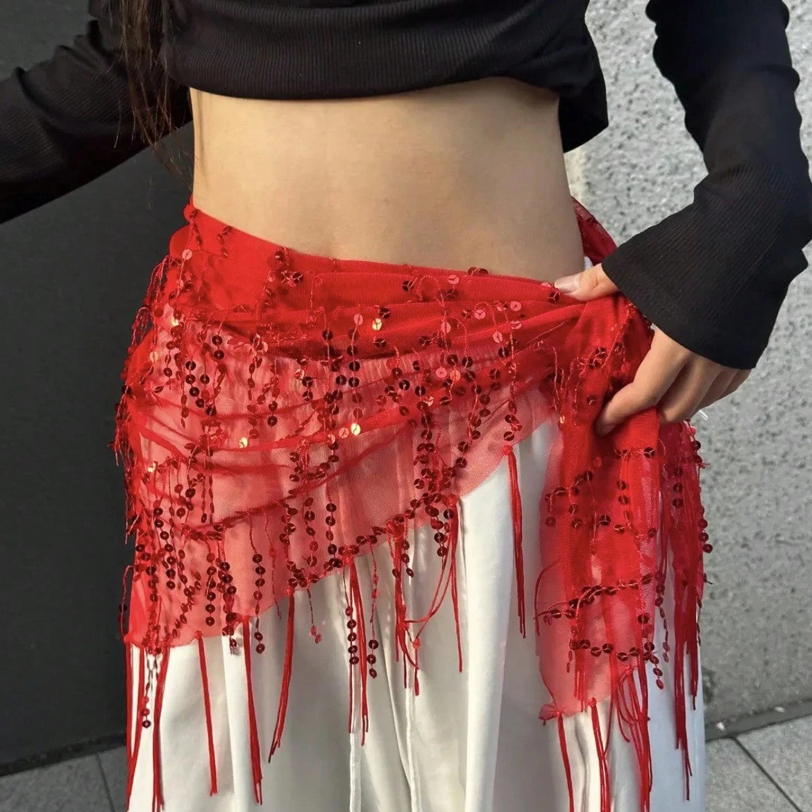 New Style Belly Dance Sequins Tassel Hip Scarf Belly Dance Costumes Women Belly Dancing Practice Belt Triangle Hip Scarf Halloween