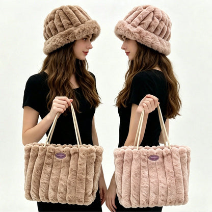 New Women's Hat And Bag Set, Plush Tote Bag, Striped Casual Large Capacity Handbag, Fashionable Shoulder Bag