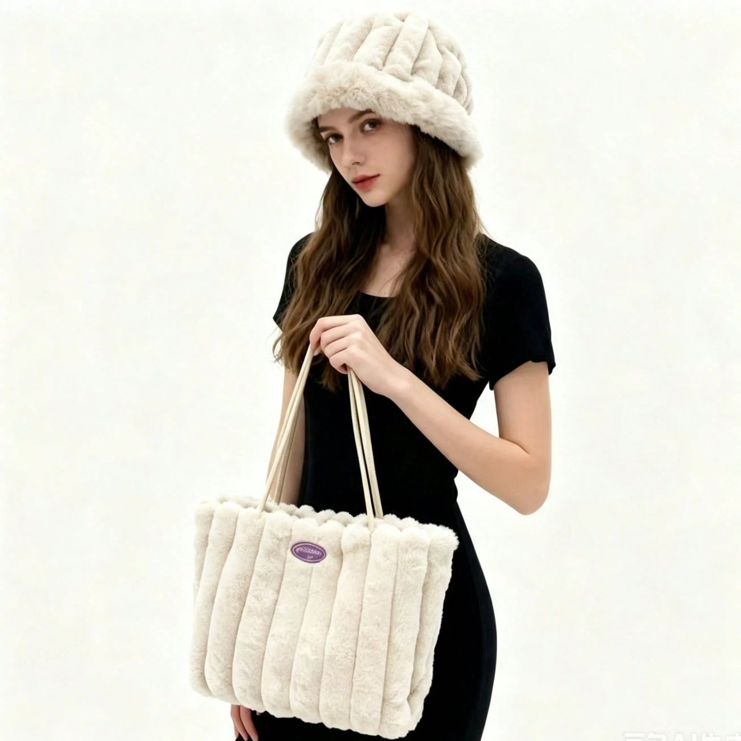 New Women's Hat And Bag Set, Plush Tote Bag, Striped Casual Large Capacity Handbag, Fashionable Shoulder Bag