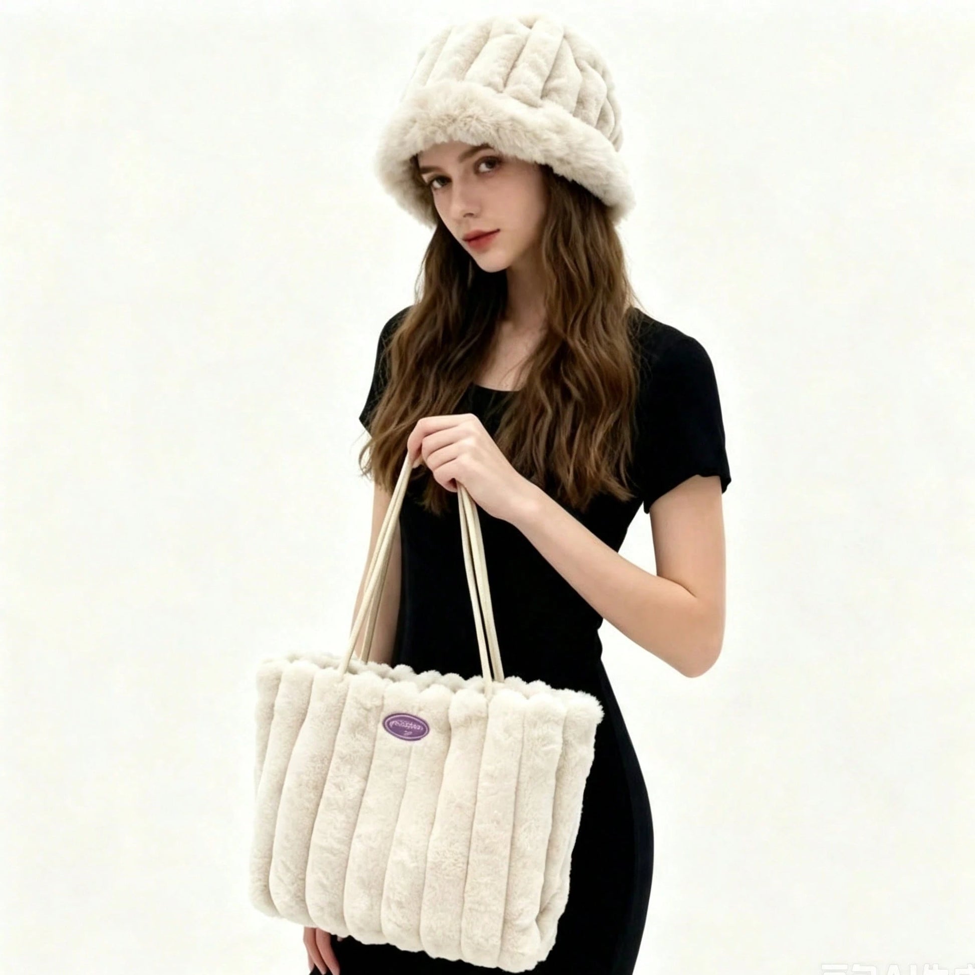 New Women's Hat And Bag Set, Plush Tote Bag, Striped Casual Large Capacity Handbag, Fashionable Shoulder Bag