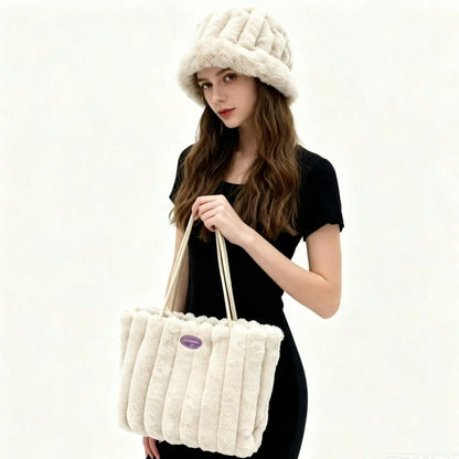 New Women's Hat And Bag Set, Plush Tote Bag, Striped Casual Large Capacity Handbag, Fashionable Shoulder Bag