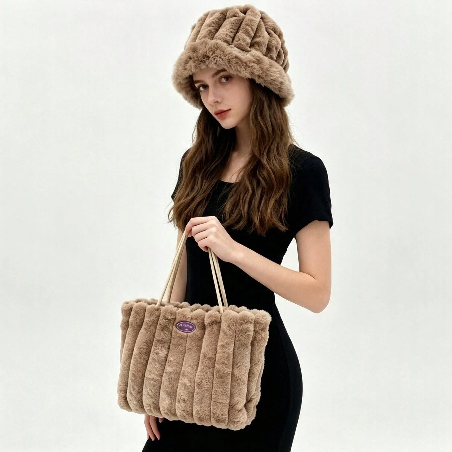 New Women's Hat And Bag Set, Plush Tote Bag, Striped Casual Large Capacity Handbag, Fashionable Shoulder Bag