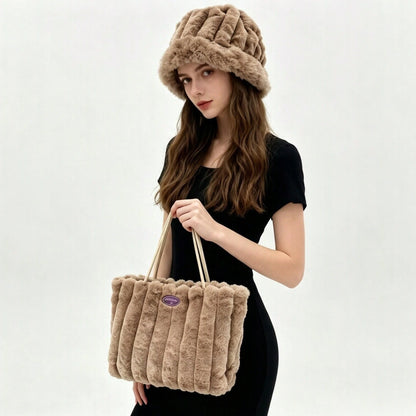 New Women's Hat And Bag Set, Plush Tote Bag, Striped Casual Large Capacity Handbag, Fashionable Shoulder Bag