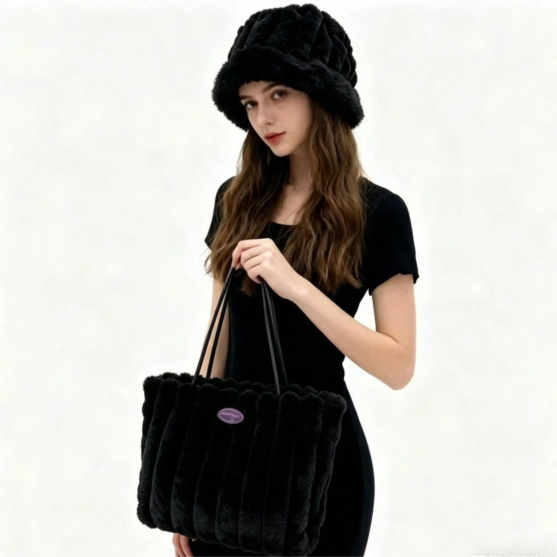 New Women's Hat And Bag Set, Plush Tote Bag, Striped Casual Large Capacity Handbag, Fashionable Shoulder Bag