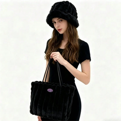 New Women's Hat And Bag Set, Plush Tote Bag, Striped Casual Large Capacity Handbag, Fashionable Shoulder Bag