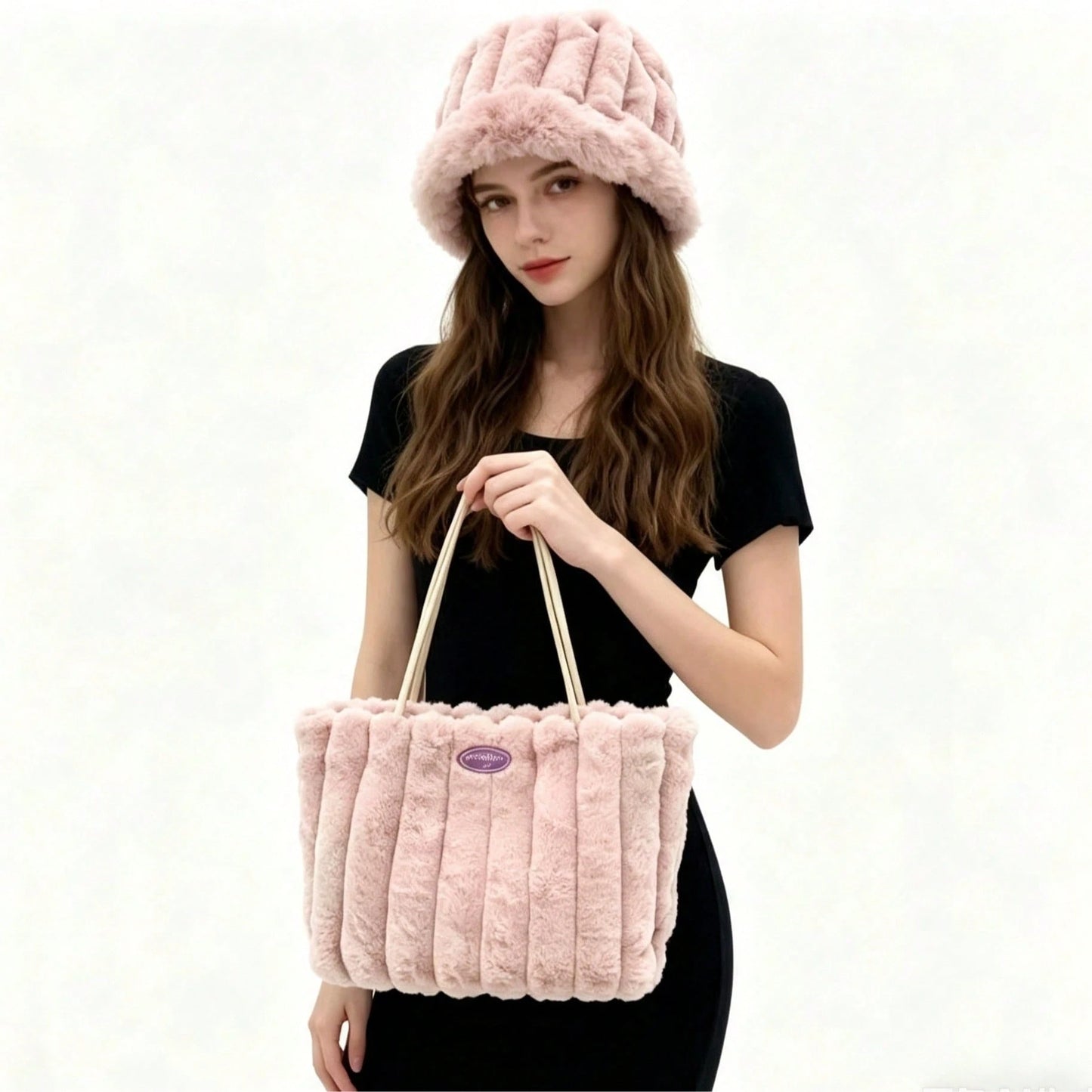 New Women's Hat And Bag Set, Plush Tote Bag, Striped Casual Large Capacity Handbag, Fashionable Shoulder Bag