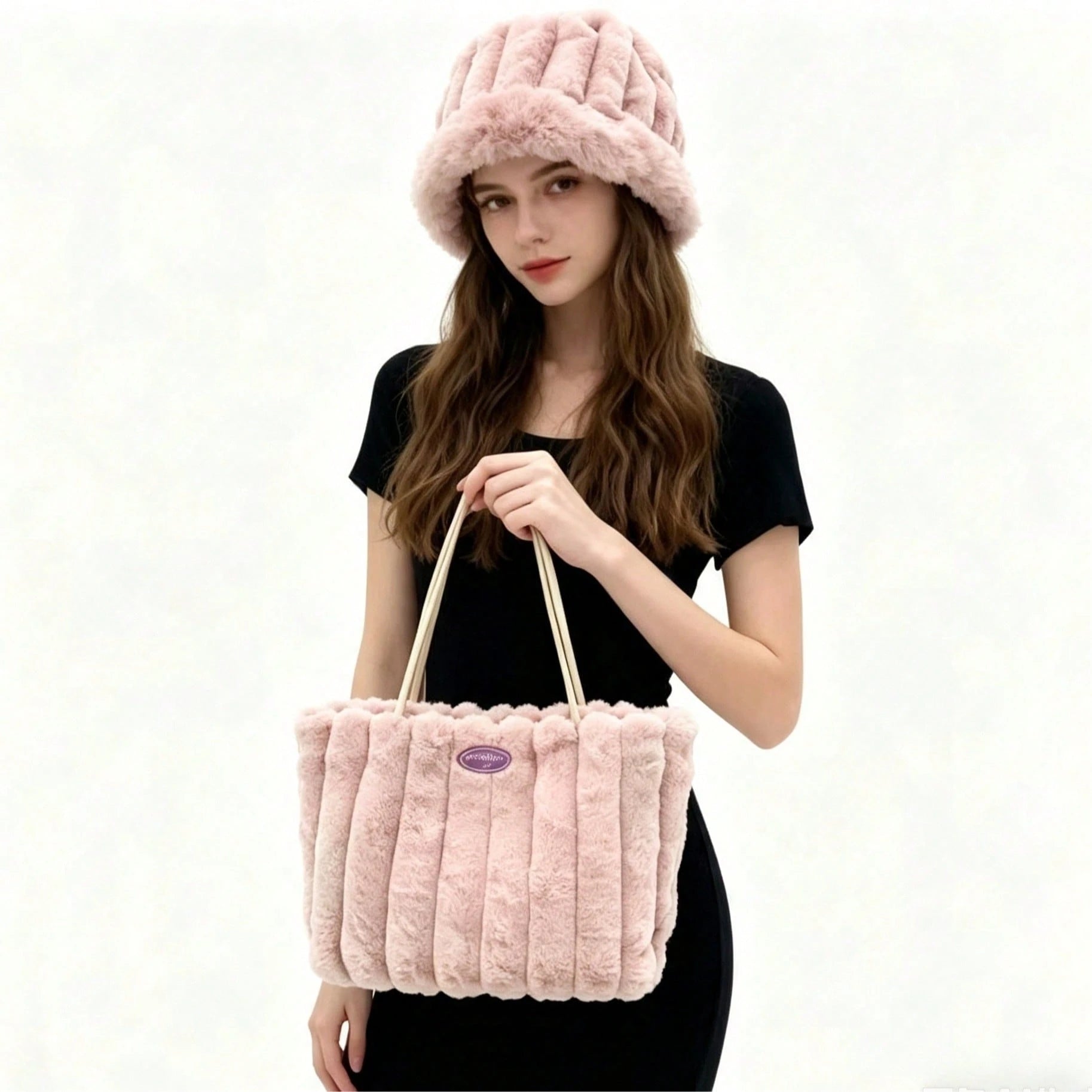 New Women's Hat And Bag Set, Plush Tote Bag, Striped Casual Large Capacity Handbag, Fashionable Shoulder Bag