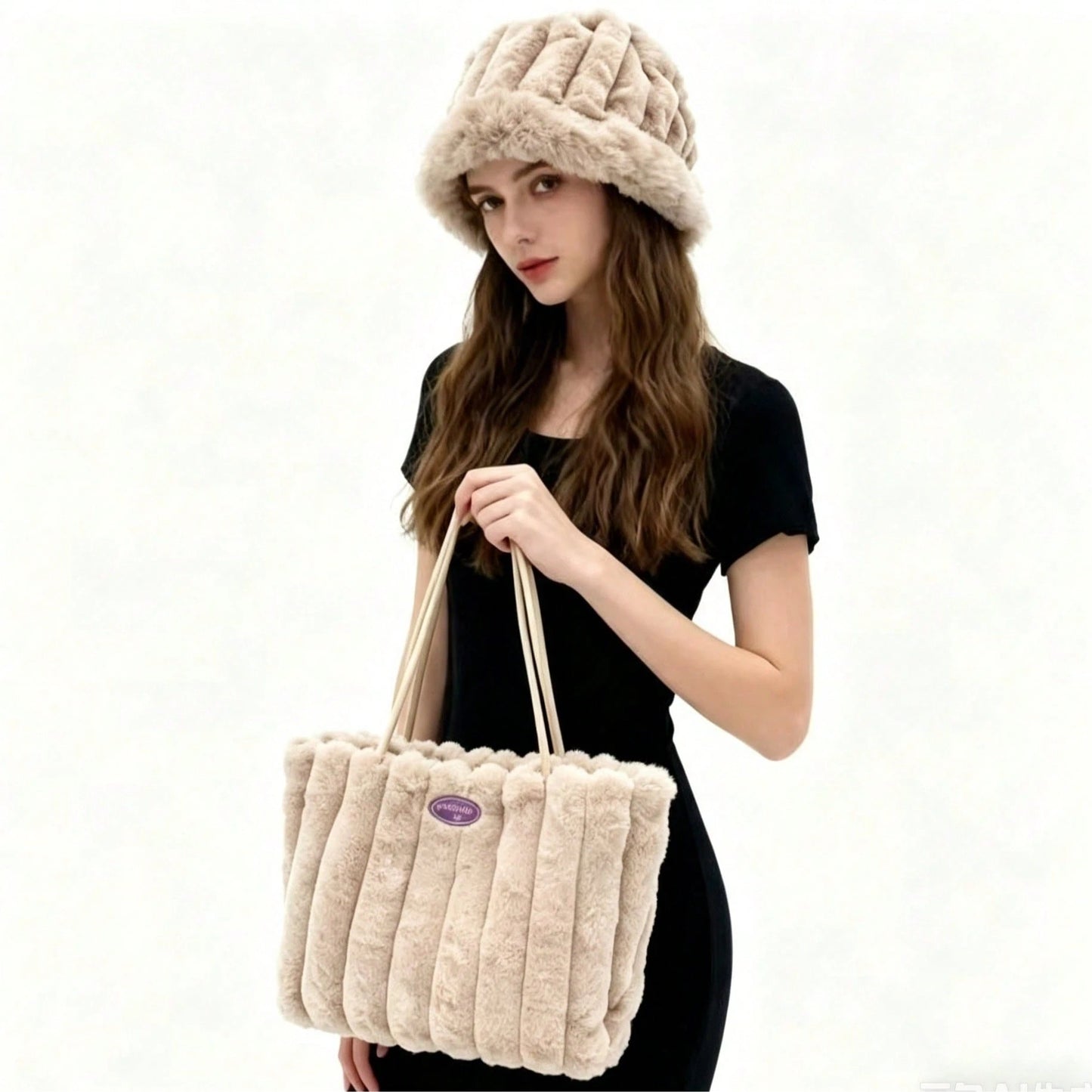 New Women's Hat And Bag Set, Plush Tote Bag, Striped Casual Large Capacity Handbag, Fashionable Shoulder Bag