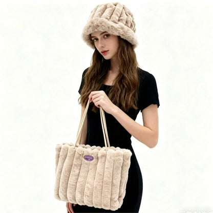 New Women's Hat And Bag Set, Plush Tote Bag, Striped Casual Large Capacity Handbag, Fashionable Shoulder Bag