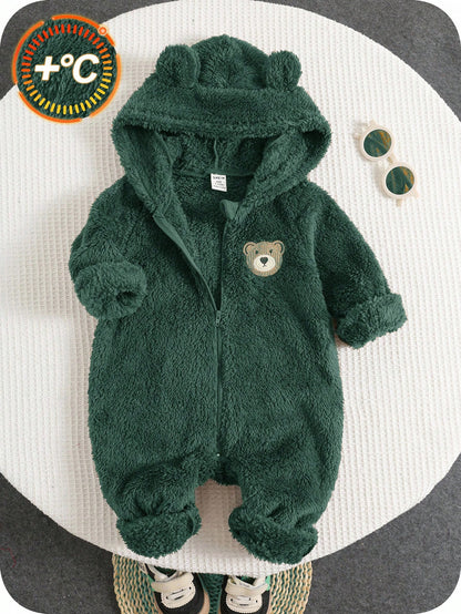 Newborn Baby Boy Baby Girl Cute Autumn/Winter Plush Brown Cartoon Bear Pattern Hooded Romper Unisex Baby Clothes Baby Winter Clothes