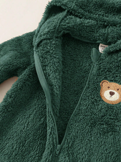 Newborn Baby Boy Baby Girl Cute Autumn/Winter Plush Brown Cartoon Bear Pattern Hooded Romper Unisex Baby Clothes Baby Winter Clothes