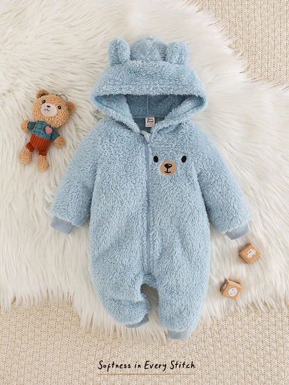 Newborn Baby Boy Baby Girl Cute Autumn/Winter Plush Brown Cartoon Bear Pattern Hooded Romper Unisex Baby Clothes Baby Winter Clothes