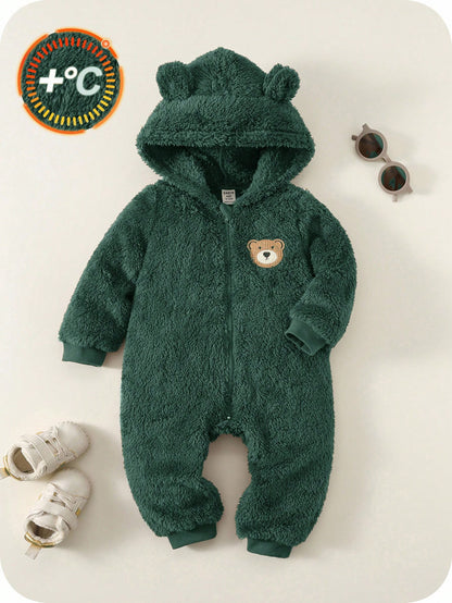 Newborn Baby Boy Baby Girl Cute Autumn/Winter Plush Brown Cartoon Bear Pattern Hooded Romper Unisex Baby Clothes Baby Winter Clothes