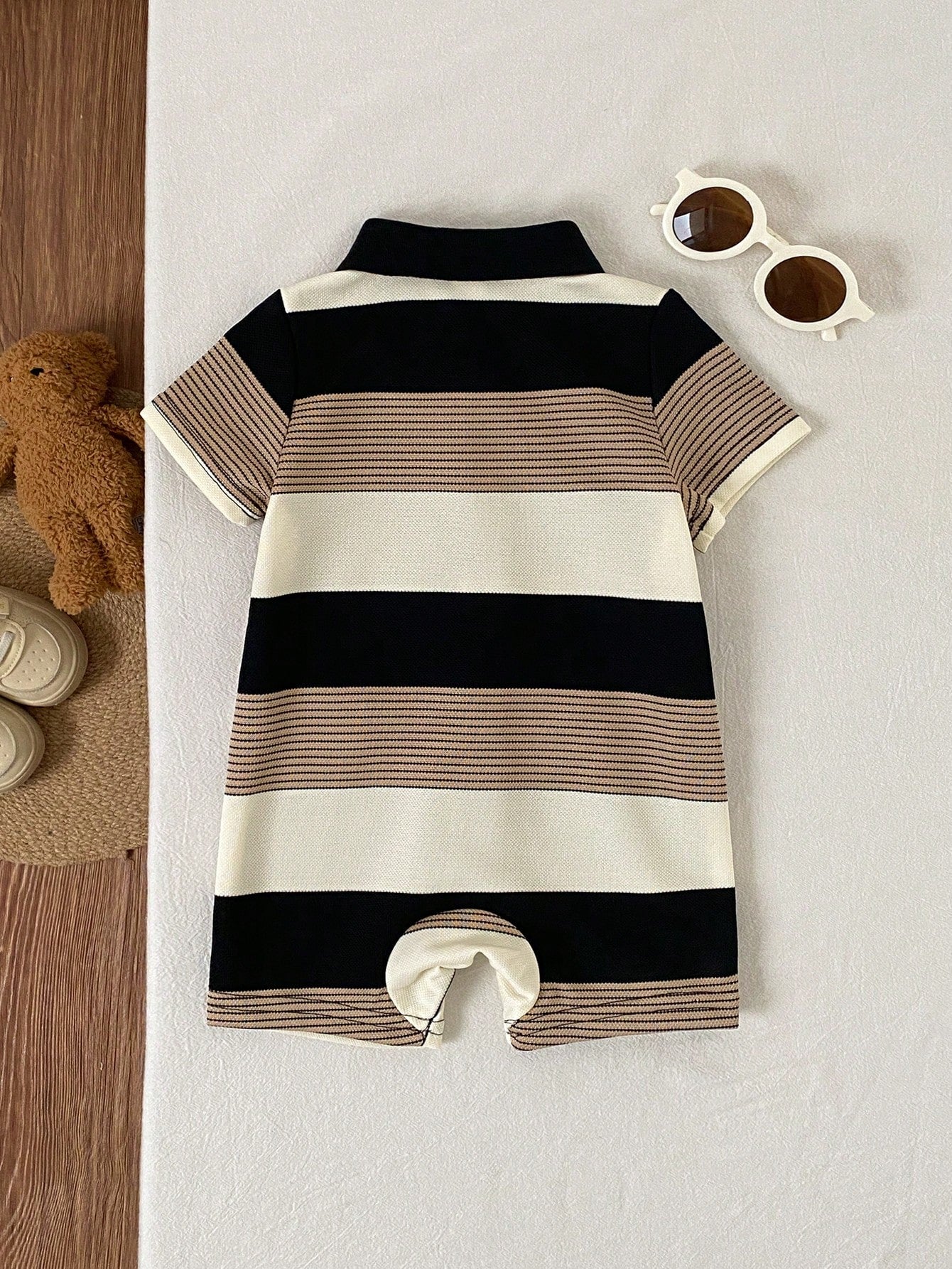 Newborn Baby Boy Black And White Striped Short Sleeve Knit Romper,Summer Casual Family Matching Outfit For Birthday Party,Wedding,Christening,Shower