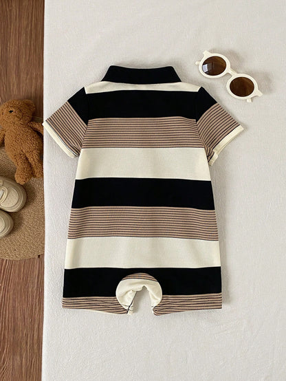Newborn Baby Boy Black And White Striped Short Sleeve Knit Romper,Summer Casual Family Matching Outfit For Birthday Party,Wedding,Christening,Shower