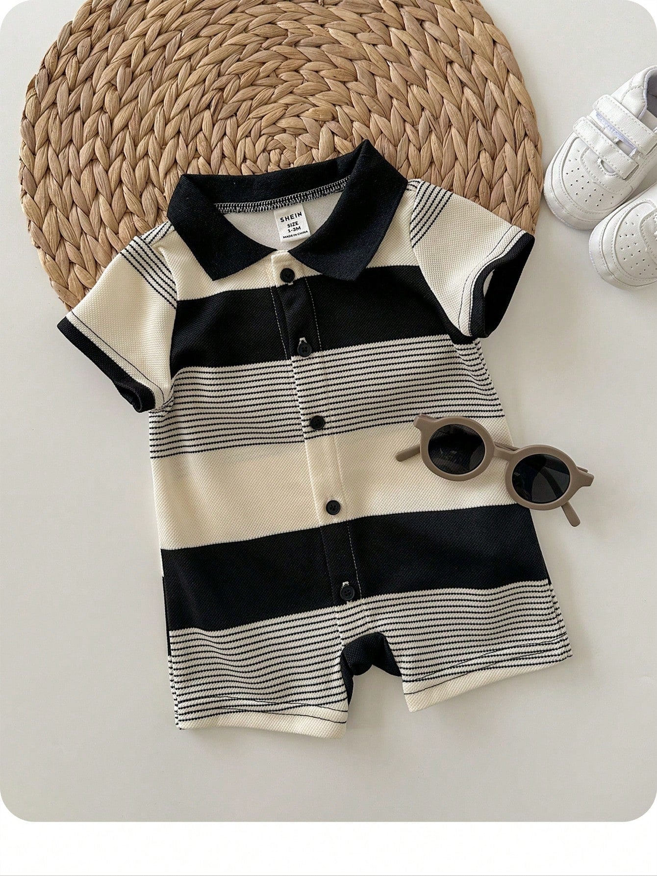 Newborn Baby Boy Black And White Striped Short Sleeve Knit Romper,Summer Casual Family Matching Outfit For Birthday Party,Wedding,Christening,Shower