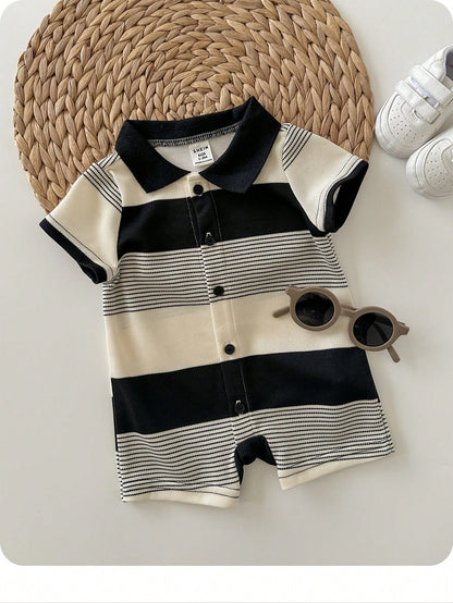 Newborn Baby Boy Black And White Striped Short Sleeve Knit Romper,Summer Casual Family Matching Outfit For Birthday Party,Wedding,Christening,Shower