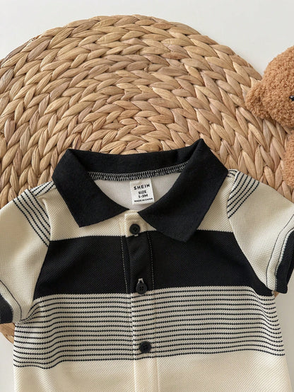 Newborn Baby Boy Black And White Striped Short Sleeve Knit Romper,Summer Casual Family Matching Outfit For Birthday Party,Wedding,Christening,Shower