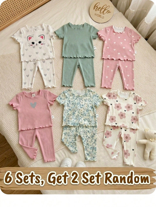 Newborn Baby Girl (6 Sets, Get2 Set Random)Cute Casual Knitted Heart Pattern Homewear Set