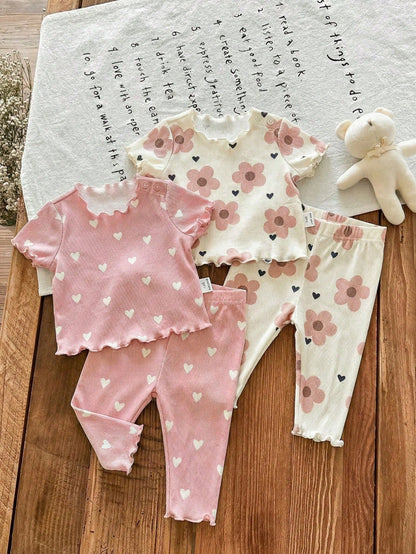 Newborn Baby Girl (6 Sets, Get2 Set Random)Cute Casual Knitted Heart Pattern Homewear Set