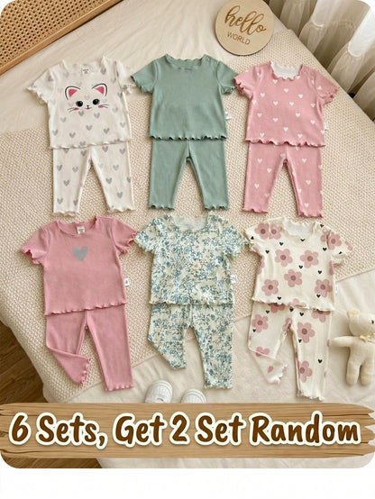 Newborn Baby Girl (6 Sets, Get2 Set Random)Cute Casual Knitted Heart Pattern Homewear Set