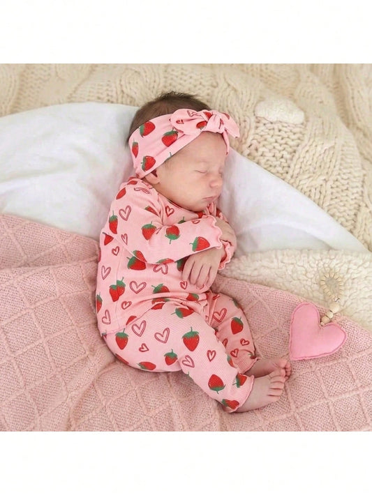 Newborn Baby Girl Casual Comfortable Cute Strawberry Pattern Knit Long Sleeve Pajama Set