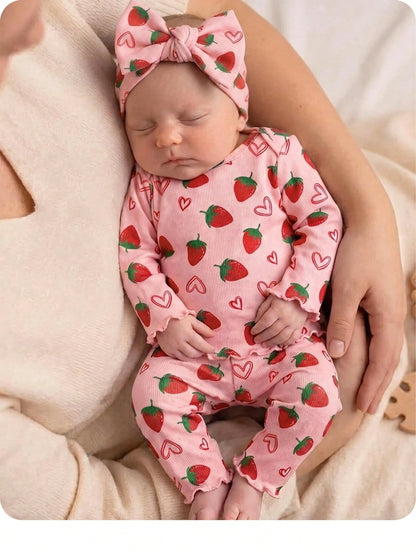 Newborn Baby Girl Casual Comfortable Cute Strawberry Pattern Knit Long Sleeve Pajama Set