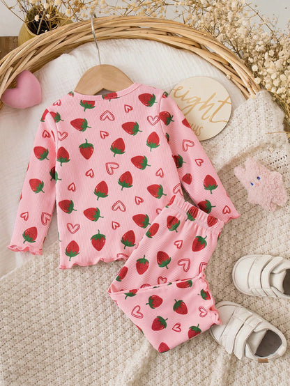 Newborn Baby Girl Casual Comfortable Cute Strawberry Pattern Knit Long Sleeve Pajama Set