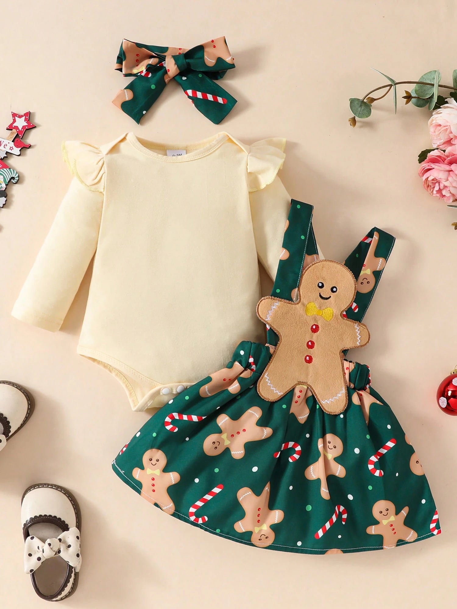 Newborn Baby Girl Christmas Outfits Ruffle Long Sleeve Romper Gingerbread Man Suspender Dress Fall Winter Clothes