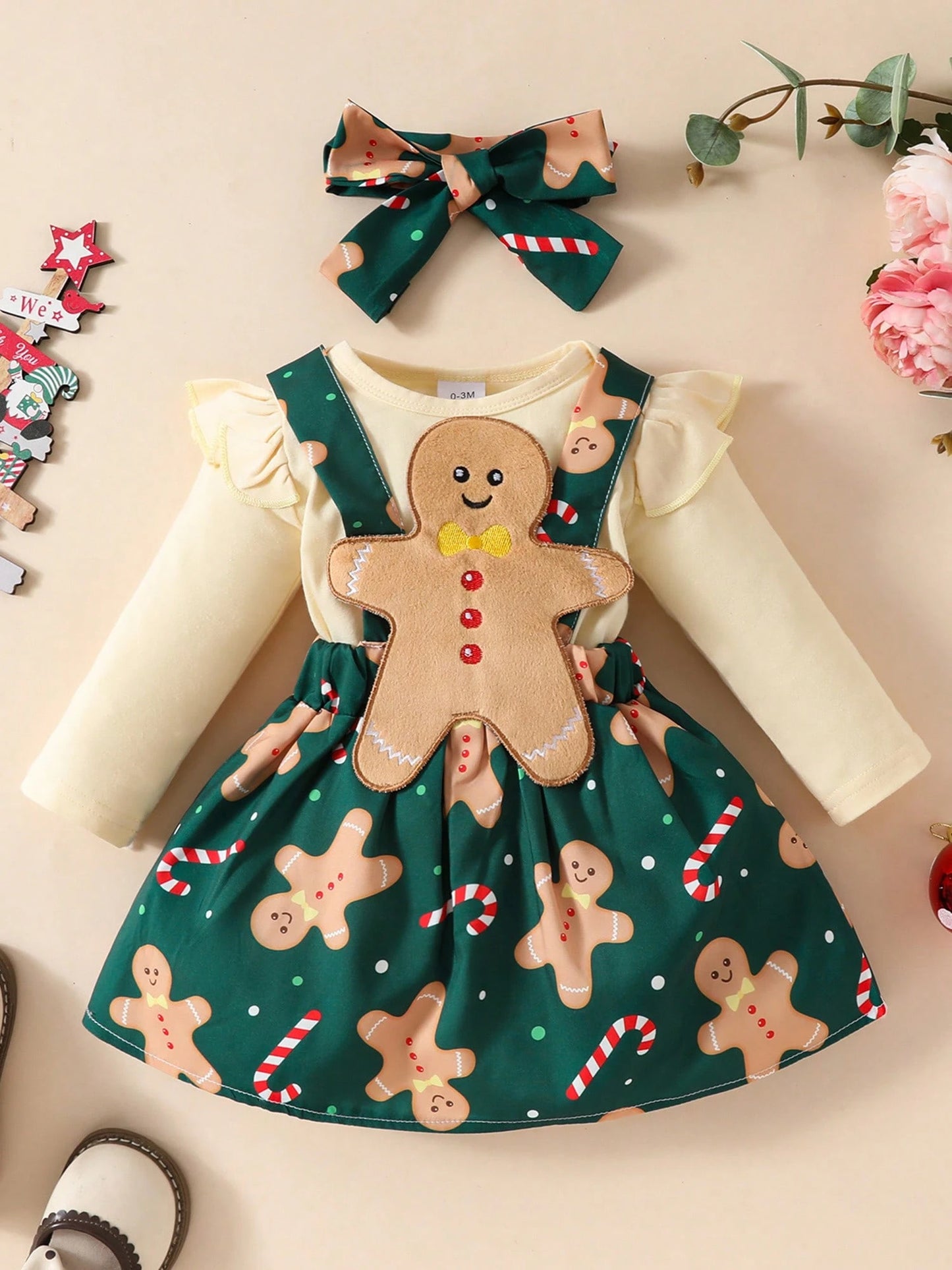 Newborn Baby Girl Christmas Outfits Ruffle Long Sleeve Romper Gingerbread Man Suspender Dress Fall Winter Clothes