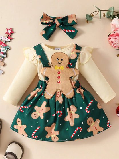 Newborn Baby Girl Christmas Outfits Ruffle Long Sleeve Romper Gingerbread Man Suspender Dress Fall Winter Clothes