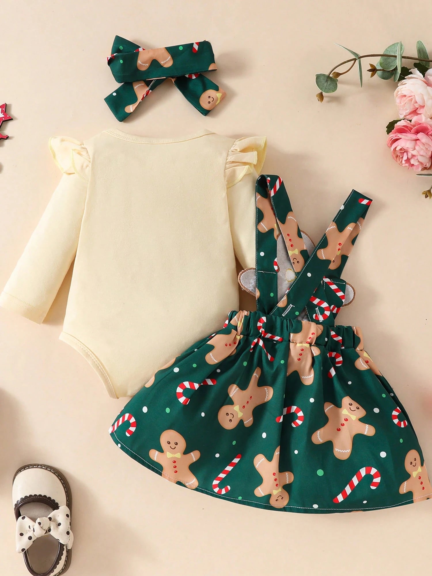 Newborn Baby Girl Christmas Outfits Ruffle Long Sleeve Romper Gingerbread Man Suspender Dress Fall Winter Clothes