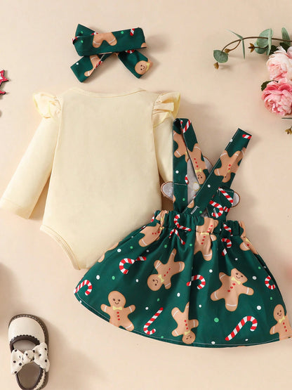 Newborn Baby Girl Christmas Outfits Ruffle Long Sleeve Romper Gingerbread Man Suspender Dress Fall Winter Clothes