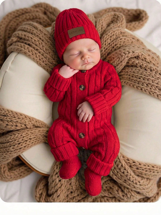 Newborn Baby Girl Cute Knitted Jumpsuit, Footie & Hat Set, Versatile For Autumn/Winter