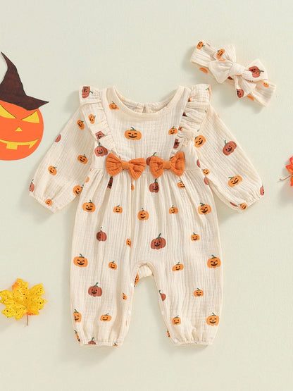 Newborn Baby Girl Halloween Outfit Cotton Linen Pumpkin Jumpsuit Romper Ruffle Sleeve Bodysuit Long Overalls With Bow