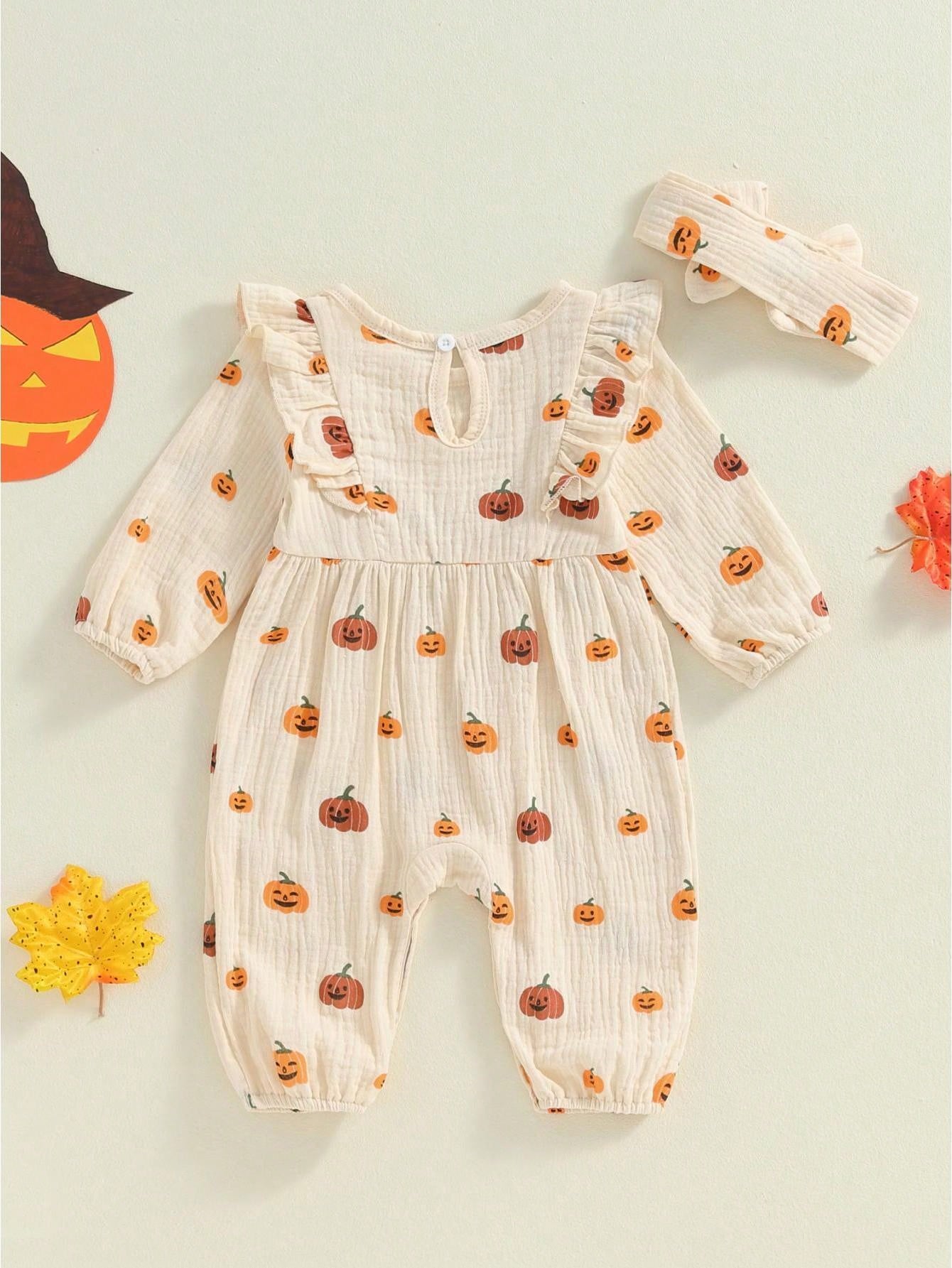 Newborn Baby Girl Halloween Outfit Cotton Linen Pumpkin Jumpsuit Romper Ruffle Sleeve Bodysuit Long Overalls With Bow