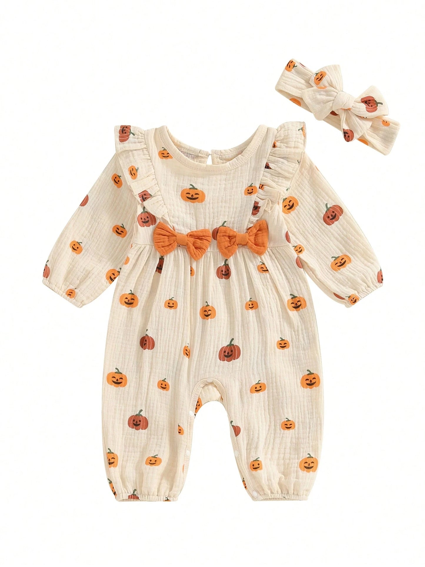 Newborn Baby Girl Halloween Outfit Cotton Linen Pumpkin Jumpsuit Romper Ruffle Sleeve Bodysuit Long Overalls With Bow