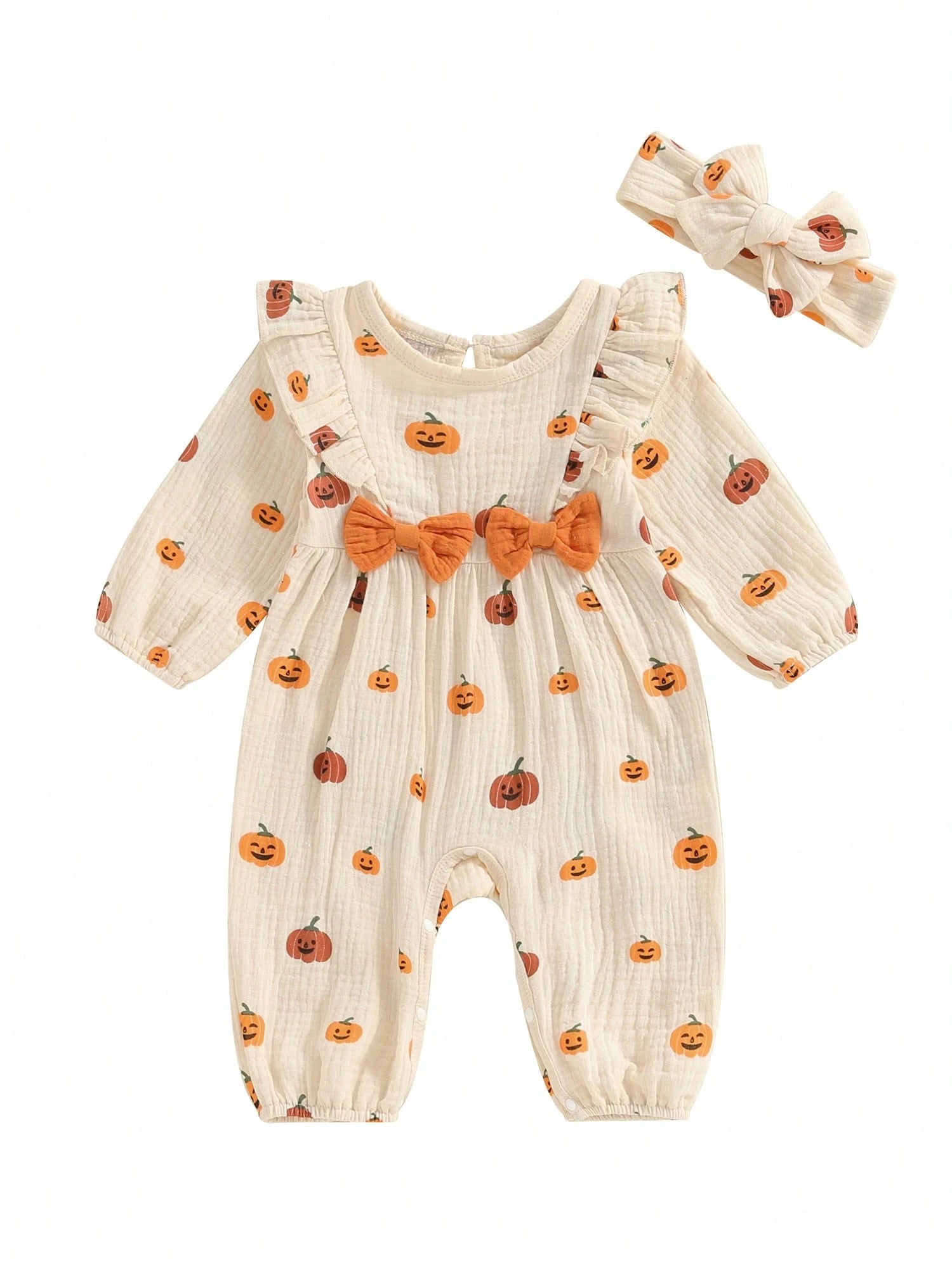 Newborn Baby Girl Halloween Outfit Cotton Linen Pumpkin Jumpsuit Romper Ruffle Sleeve Bodysuit Long Overalls With Bow