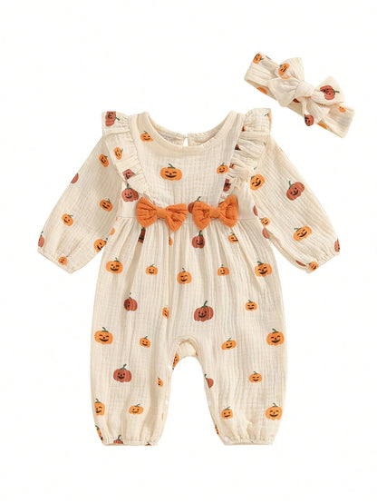 Newborn Baby Girl Halloween Outfit Cotton Linen Pumpkin Jumpsuit Romper Ruffle Sleeve Bodysuit Long Overalls With Bow