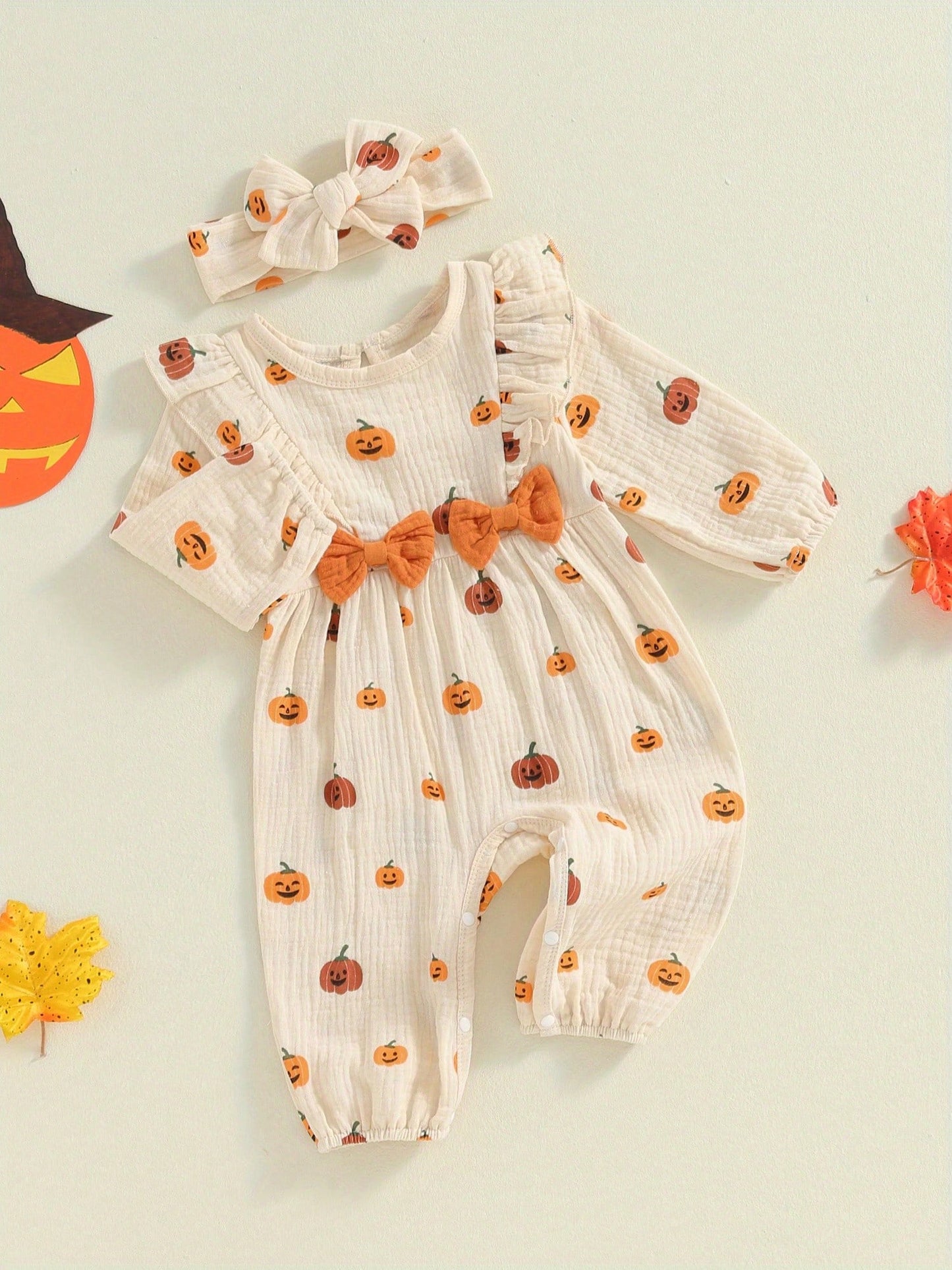 Newborn Baby Girl Halloween Outfit Cotton Linen Pumpkin Jumpsuit Romper Ruffle Sleeve Bodysuit Long Overalls With Bow