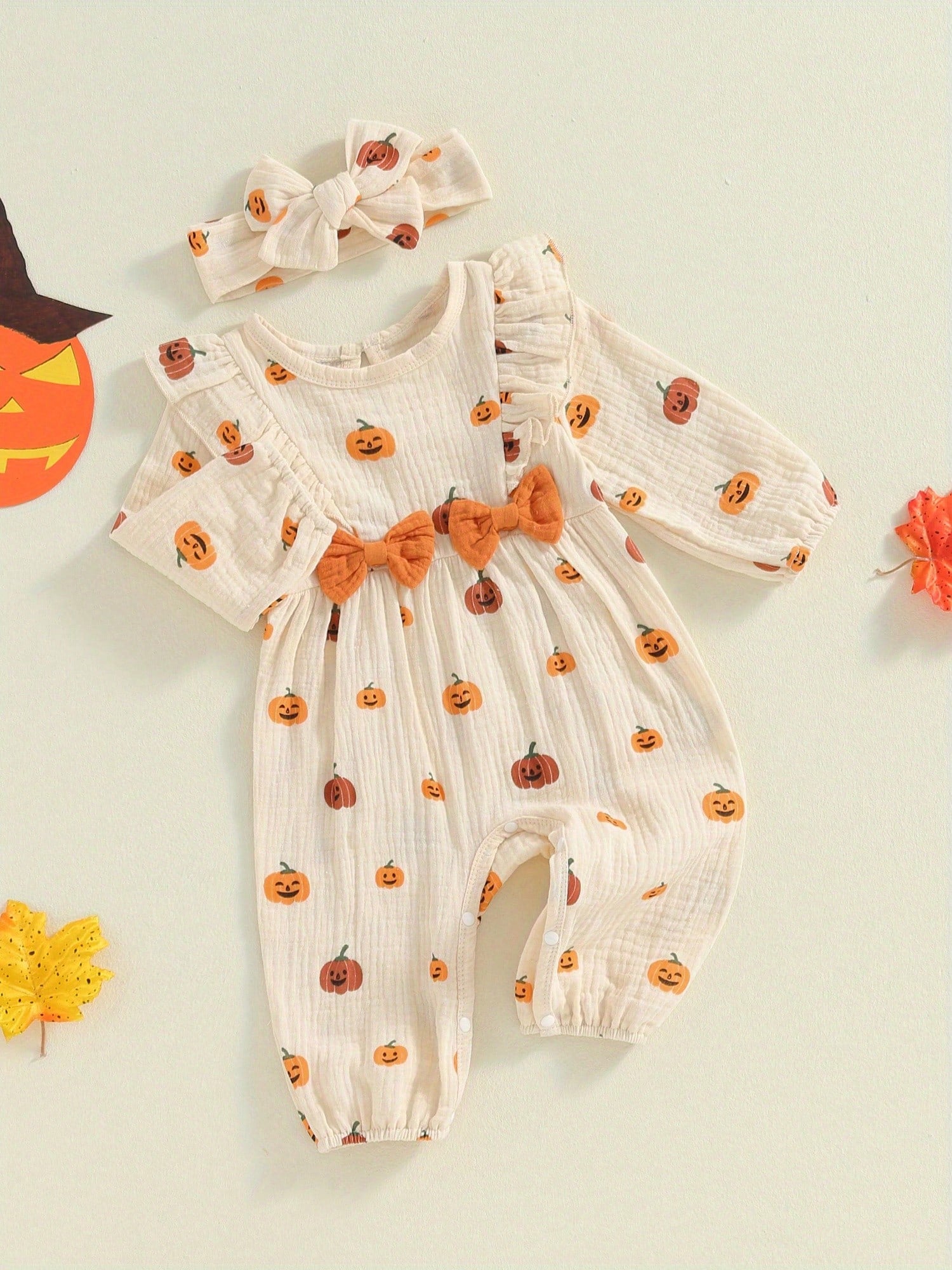 Newborn Baby Girl Halloween Outfit Cotton Linen Pumpkin Jumpsuit Romper Ruffle Sleeve Bodysuit Long Overalls With Bow