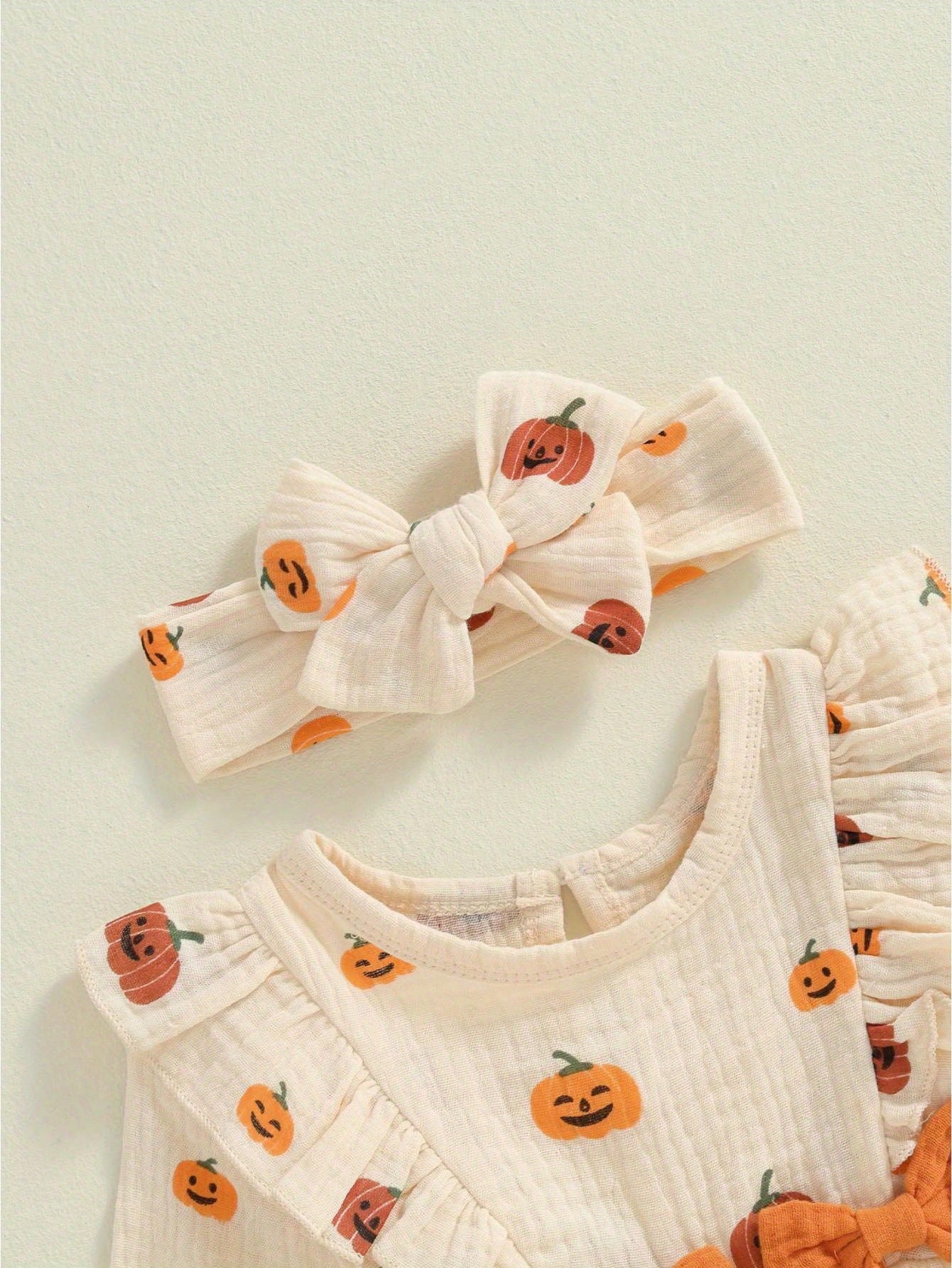 Newborn Baby Girl Halloween Outfit Cotton Linen Pumpkin Jumpsuit Romper Ruffle Sleeve Bodysuit Long Overalls With Bow