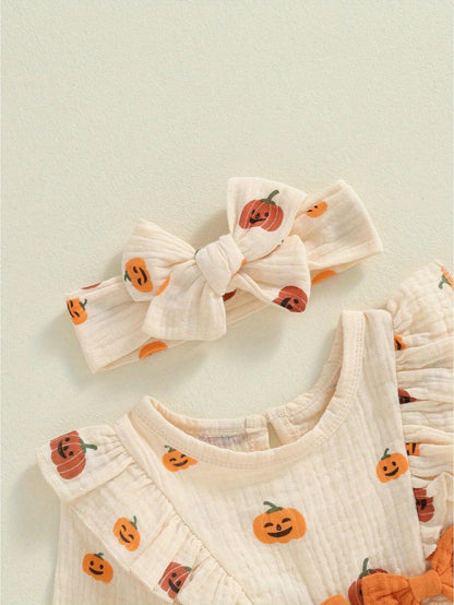 Newborn Baby Girl Halloween Outfit Cotton Linen Pumpkin Jumpsuit Romper Ruffle Sleeve Bodysuit Long Overalls With Bow
