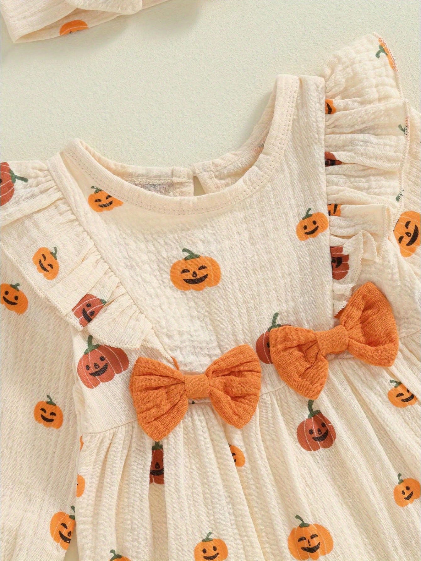 Newborn Baby Girl Halloween Outfit Cotton Linen Pumpkin Jumpsuit Romper Ruffle Sleeve Bodysuit Long Overalls With Bow