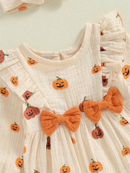 Newborn Baby Girl Halloween Outfit Cotton Linen Pumpkin Jumpsuit Romper Ruffle Sleeve Bodysuit Long Overalls With Bow