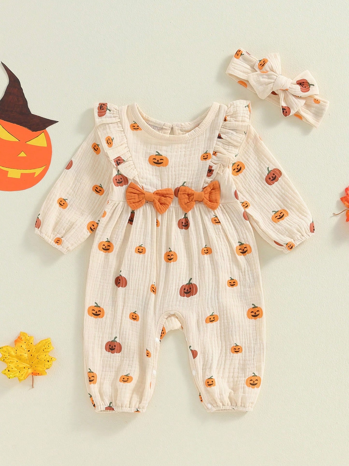 Newborn Baby Girl Halloween Outfit Cotton Linen Pumpkin Jumpsuit Romper Ruffle Sleeve Bodysuit Long Overalls With Bow