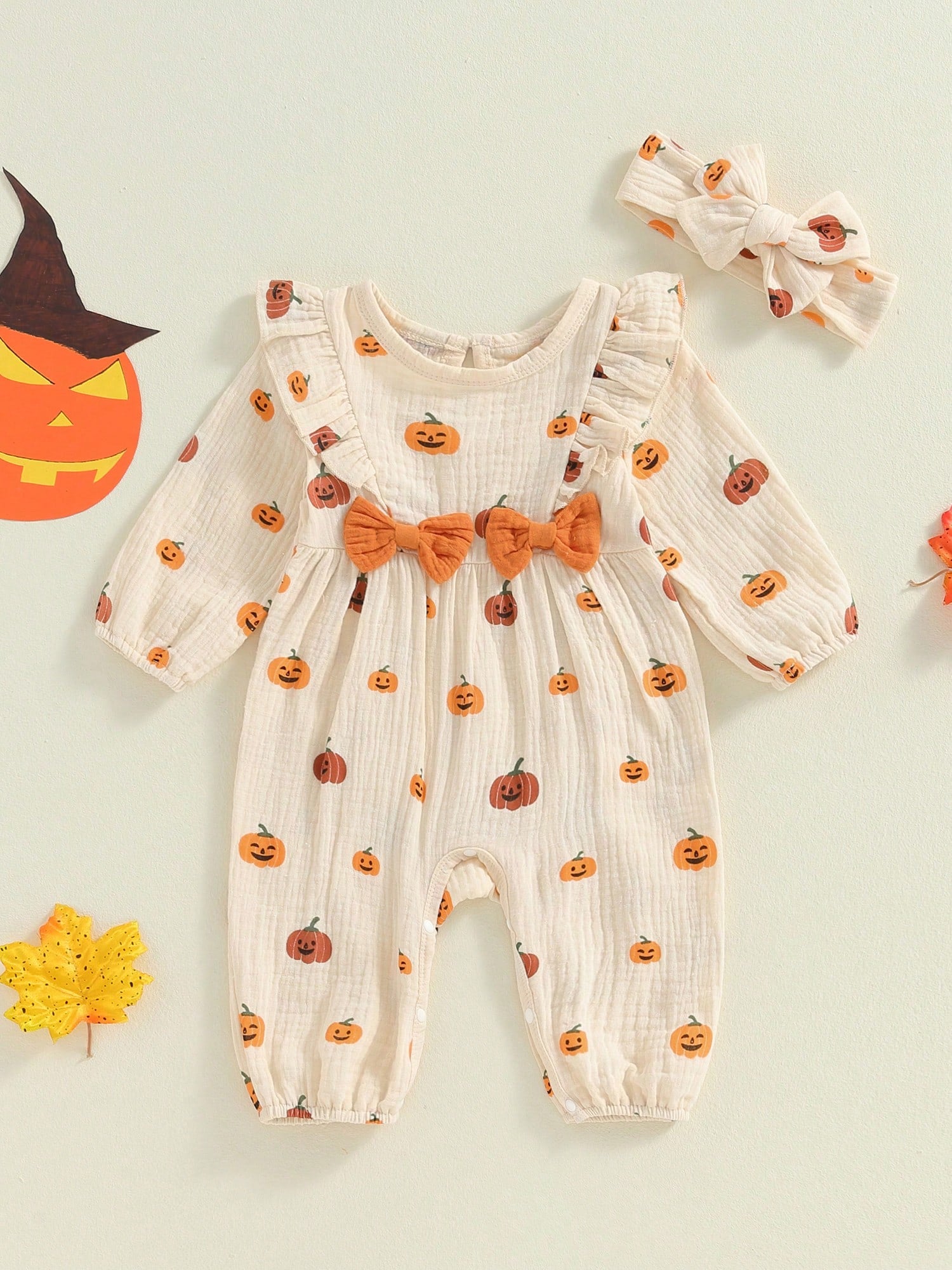 Newborn Baby Girl Halloween Outfit Cotton Linen Pumpkin Jumpsuit Romper Ruffle Sleeve Bodysuit Long Overalls With Bow